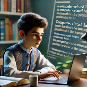 DALL·E 2025-01-22 01.33.04 - A realistic image of an Indian boy reading about computer-related laws on a laptop screen. The boy is sitting at a desk in a well-lit room, with a foc